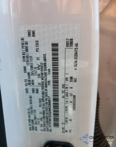 2022 Ford F150 Supercrew из США, поврежденный, VIN 1FTFW1E52NKD89917